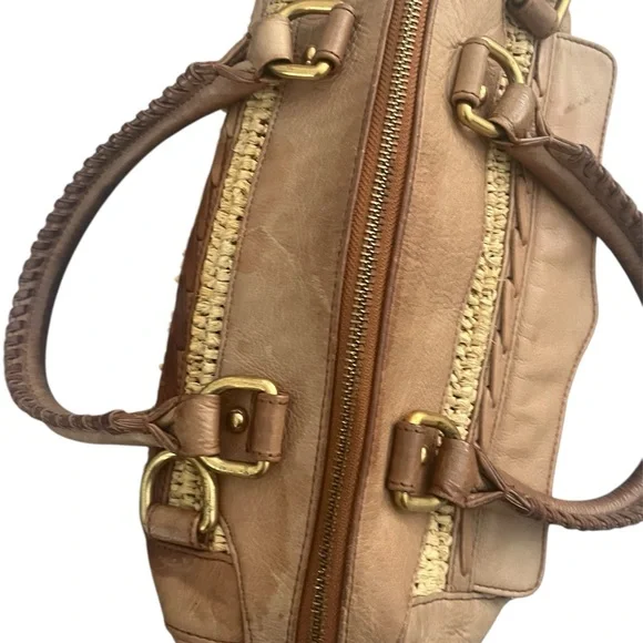 Rebecca Minkoff Straw & Leather Satchel Bag • Tan Black Raffia - Picture 3 of 7